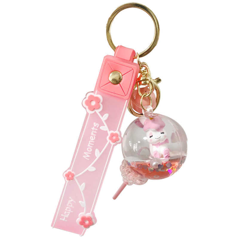 Key Rings Lollipop Unicorn Floating Liquid Keychain Keys Creative Flower Lollipop Unicorn Keychain Cartoon Oily G230210