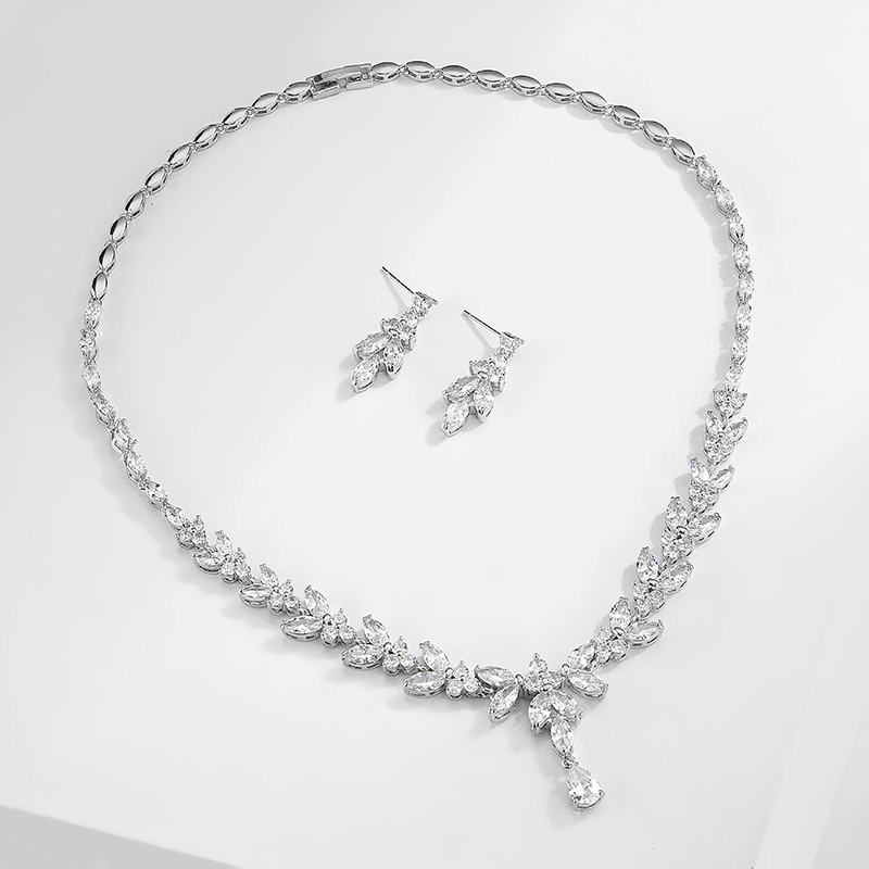 Wedding Jewelry Sets Uilz Exquisite Leaf Dangle Earring Jewelry Set for Women Wedding Party Accessories Zircon Drop Earrings Necklace Sets Bride Gift 