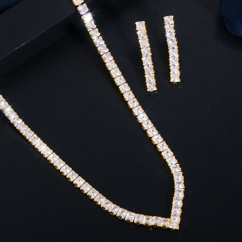 Wedding Jewelry Sets CWWZircons Very Shiny Cubic Zirconia Pave Yellow Gold Color Women Party Choker Necklace and Earring Brides Jewelry Set T421 23021