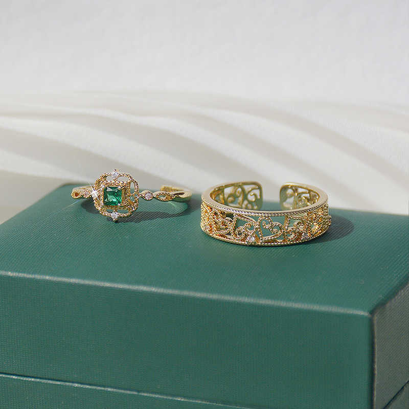 Band Rings Korean Heart Pattern Lace Ring for Women Crystal Green Gem Bling Zircon Femme Ring Wedding Bridal Jewelry Pendant Accessories G230213