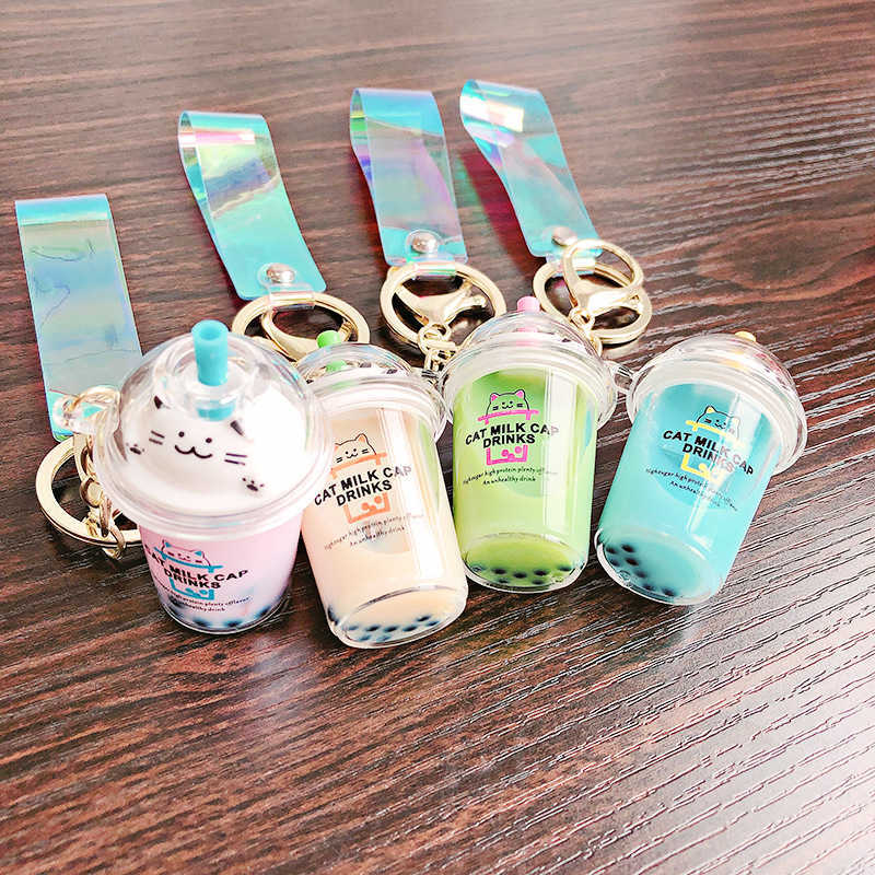Key Rings Cartoon Cute Cat Keychain Milk Tea Cup Liquid Quicksand Sequin Key Ring Charm Bag Car Pendant Key Chain for Women Men Kids G230210