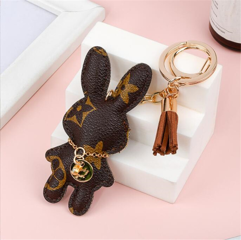Key Rings Rabbit Bunny Keychains Rings Women Cute Brown Flower Plaid PU Leather Car Holder Fashion Design Bag Key Chains Jewelry Accessories Animal Pendants Charms