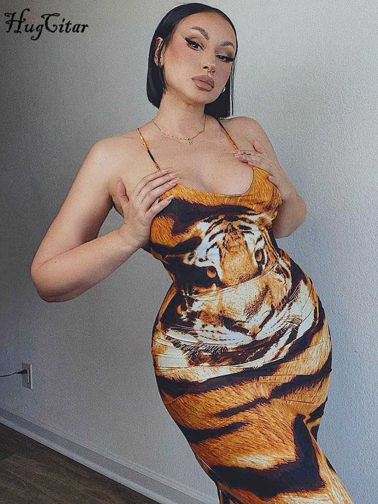 Party Dresses Hugcitar Tiger Print Sleeveless Backless Bandage Slips Maxi Dress Sexy Bodycon Summer Fashion Clothes Streetwear Party Wholesale T230210