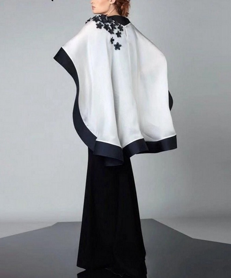 Elegant Black Mermaid Evening Dresses with Cape O-neck Flowers Satin Long Prom Formal Gown Robe de Soiree 2023 New