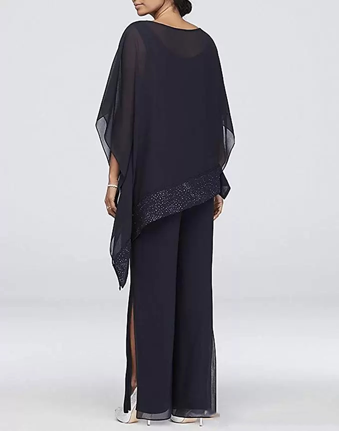 Elegant Chiffon Mother Of The Bride Pants Suits Puff Sleeves Sequin Crew Neck Women Guest Wedding Party Gowns Plus Size Groom Mothers Formal Dresses