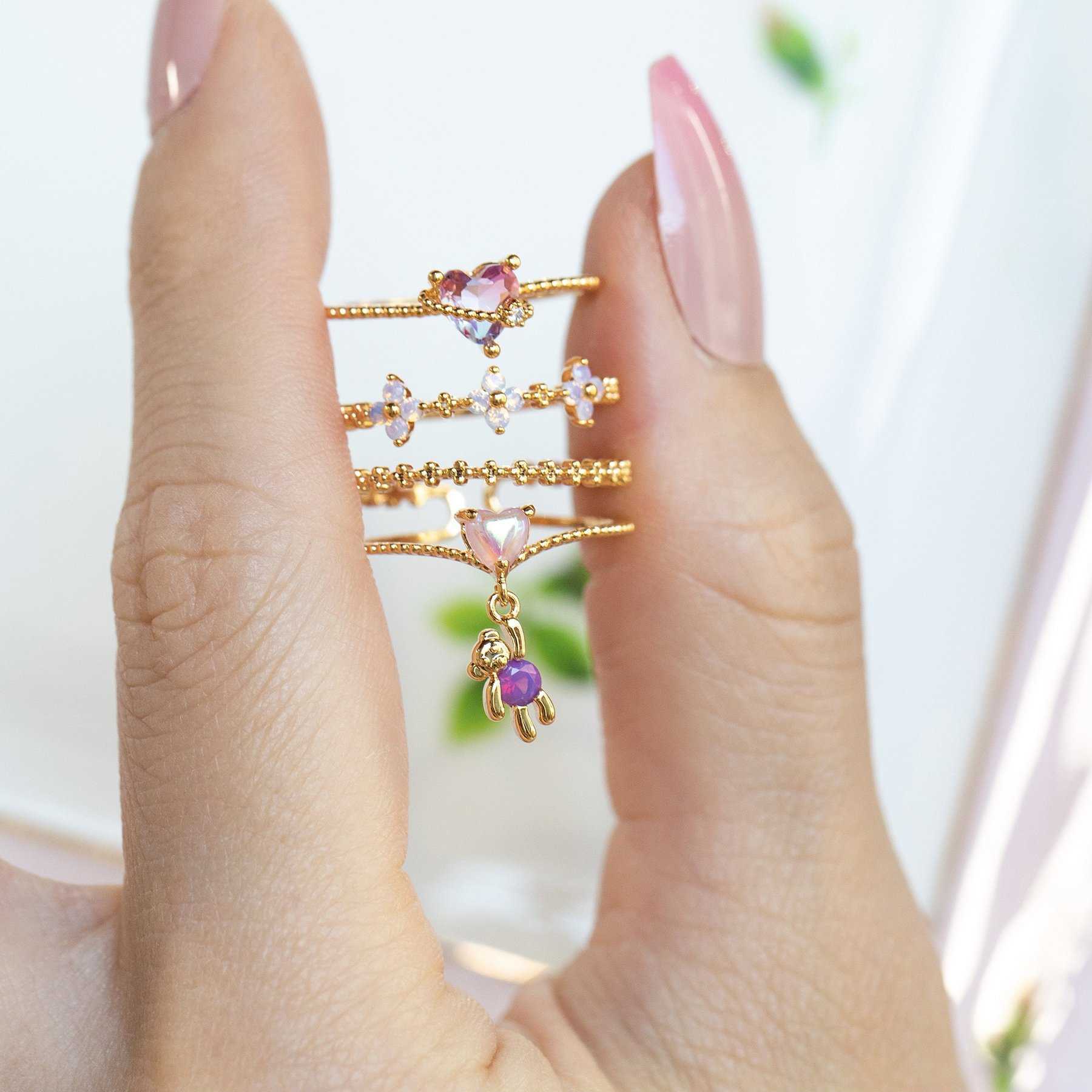 Band Rings New Ins Simple Vintage Color Zircon Love Heart Rings Animal Bear Flower Rings For Women Girls Teens Fashion Aesthetic Jewelry G230213