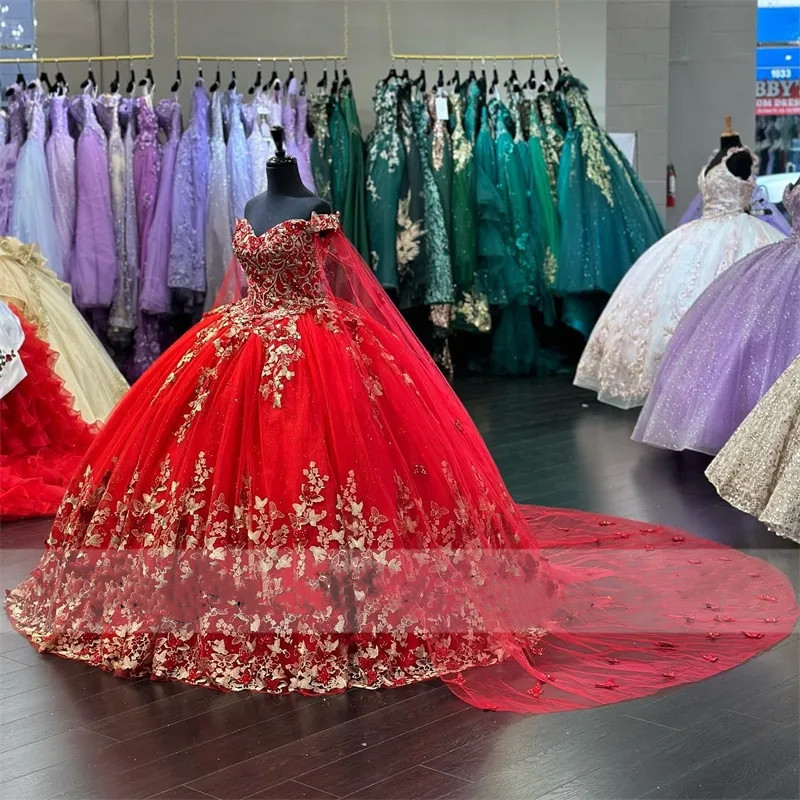 Gown Quinceanera Red Ball Dresses With Cape Sweet Dress Butterfly Appliques Crystals Lace Up Vestidos De Xv Anos