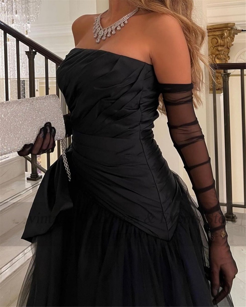 Black Saudi Arabia Prom Dresses 2023 Tulle Satin Pleats Bow Strapless Long Evening Formal Gown Vestidos De Feast