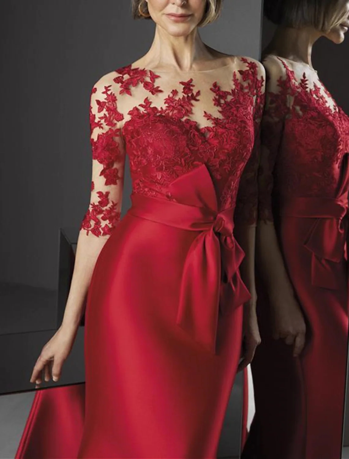 Red Mermaid Evening Dress Half Sleeve Illusion Neck Satin Lace Appliques Prom Formal Gowns Elegant Robes De Soiree Vestidos De Fieast 2023