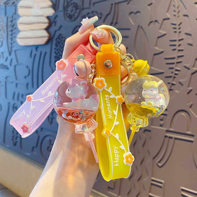 Key Rings Lollipop Unicorn Floating Liquid Keychain Keys Creative Flower Lollipop Unicorn Keychain Cartoon Oily G230210