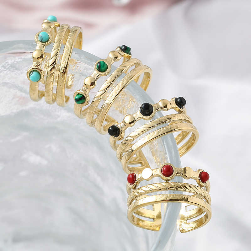 Band Rings Bohemian Turquoise Wide Opening Rings Gold Plated Stainless Steel Ring for Woman Hollow Multilayer Inlaid Finger Rings Jewelry G230213