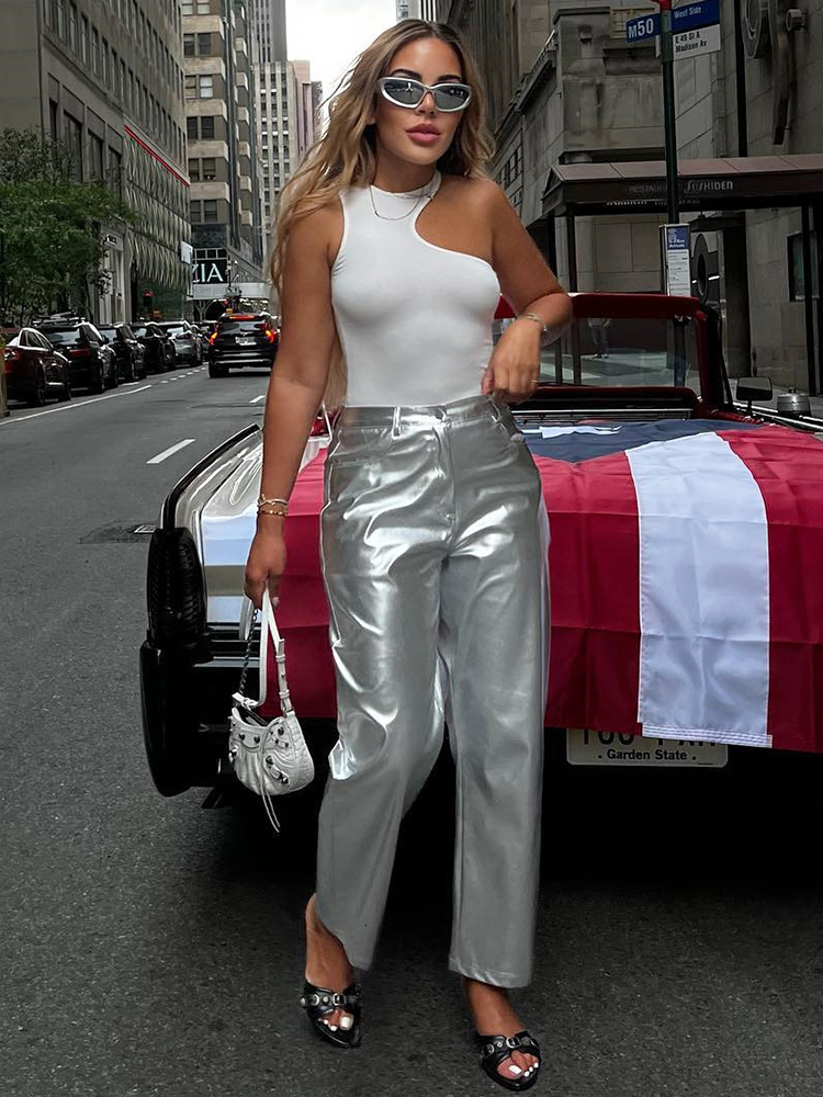 Women s Pants s Sifreyr Metallic PU Leather Straight Women Sparkling High Waist Loose Trousers 2023 Fashion Streetwear Y2K Clothes Bottom 230213