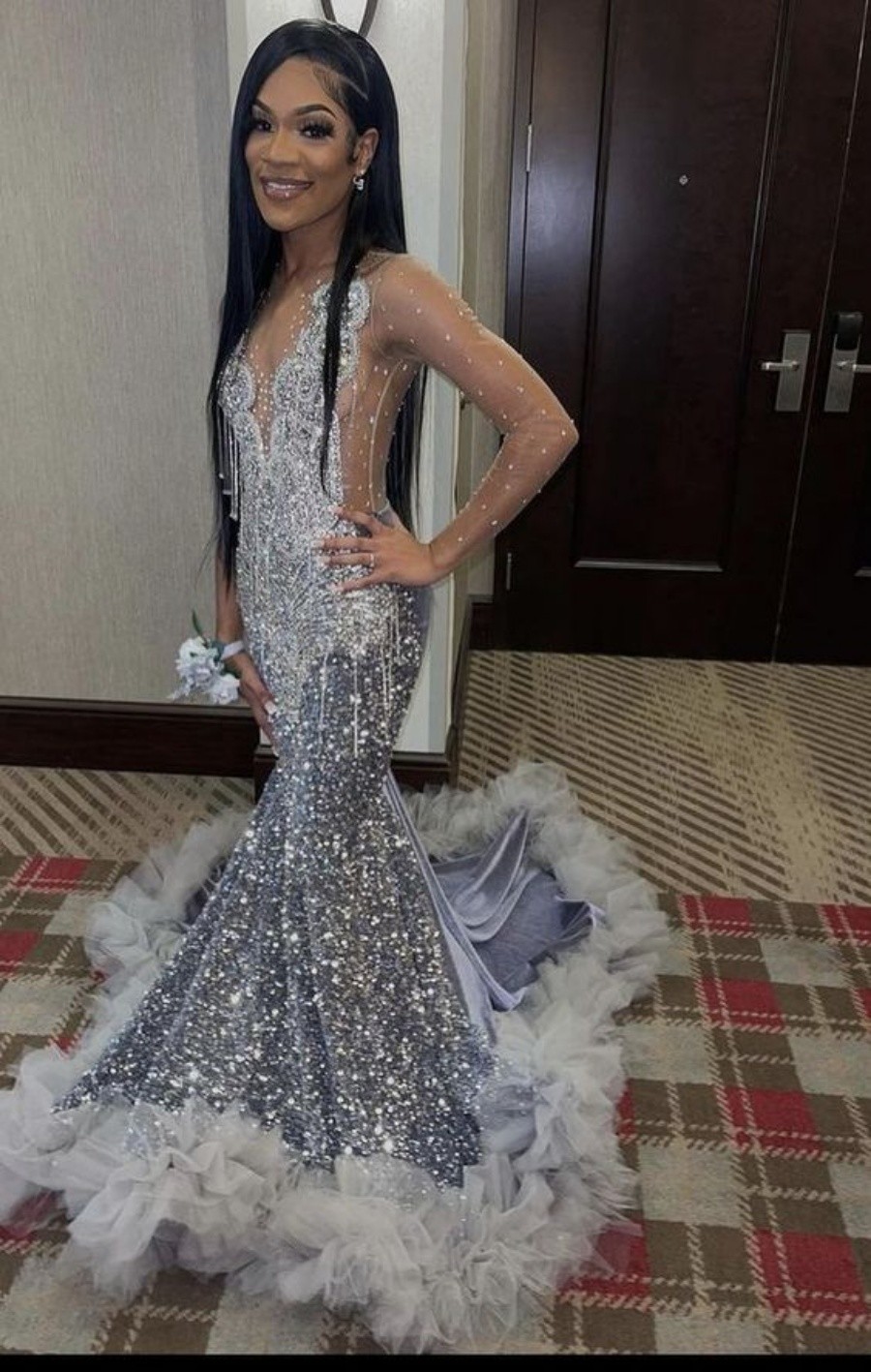 Shinning Silver Sequin Evening Dress 2023 With Beaded Elegant Long Sleeve Black Girls Mermaid Prom Dresses Sparkly Party Dresses Luxury Formal Occasio