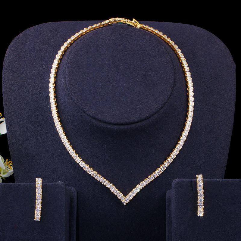 Wedding Jewelry Sets CWWZircons Very Shiny Cubic Zirconia Pave Yellow Gold Color Women Party Choker Necklace and Earring Brides Jewelry Set T421 23021