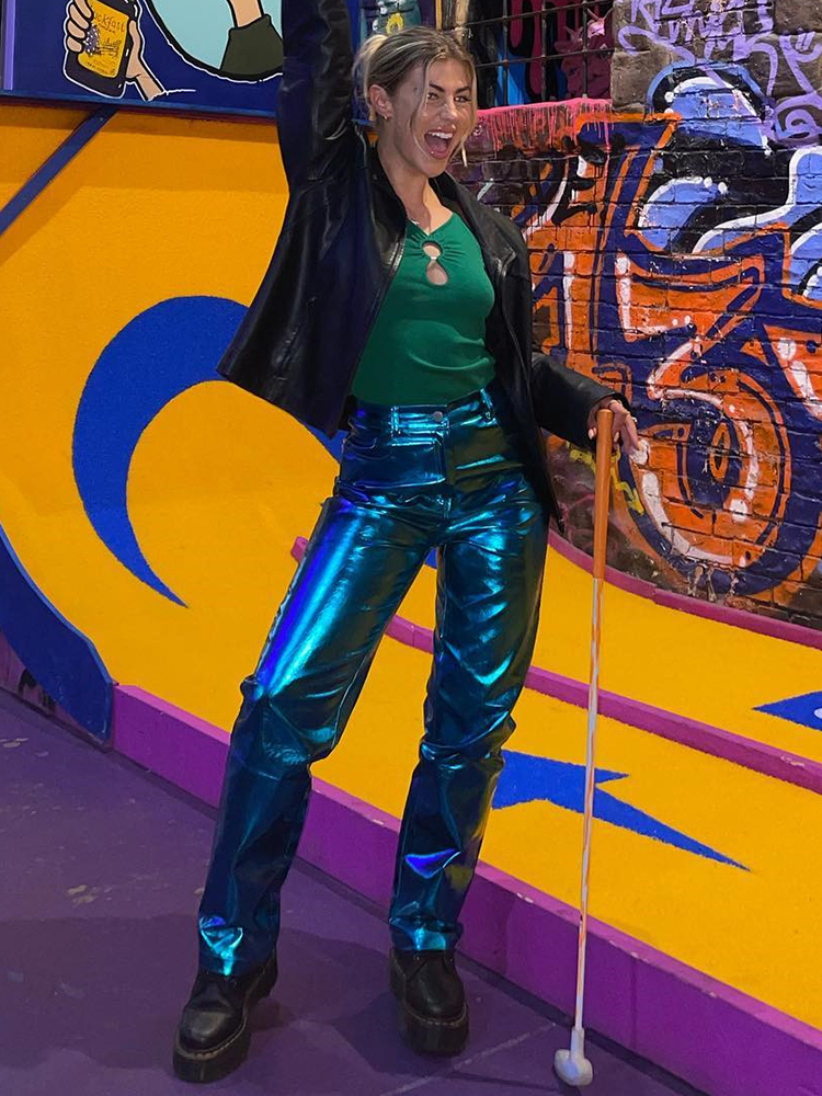 Women s Pants s Sifreyr Metallic PU Leather Straight Women Sparkling High Waist Loose Trousers 2023 Fashion Streetwear Y2K Clothes Bottom 230213