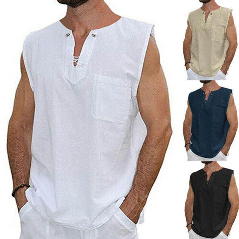 Men039s Tank Tops Male Summer Mens Cotton Linen T Shirt Sleeveless Henley Casual Loose Tee Breathable Soft Tshirts5133100