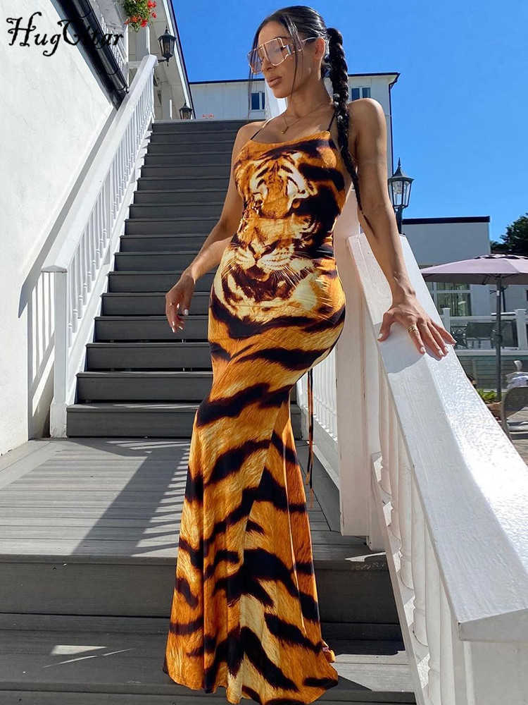 Party Dresses Hugcitar Tiger Print Sleeveless Backless Bandage Slips Maxi Dress Sexy Bodycon Summer Fashion Clothes Streetwear Party Wholesale T230210