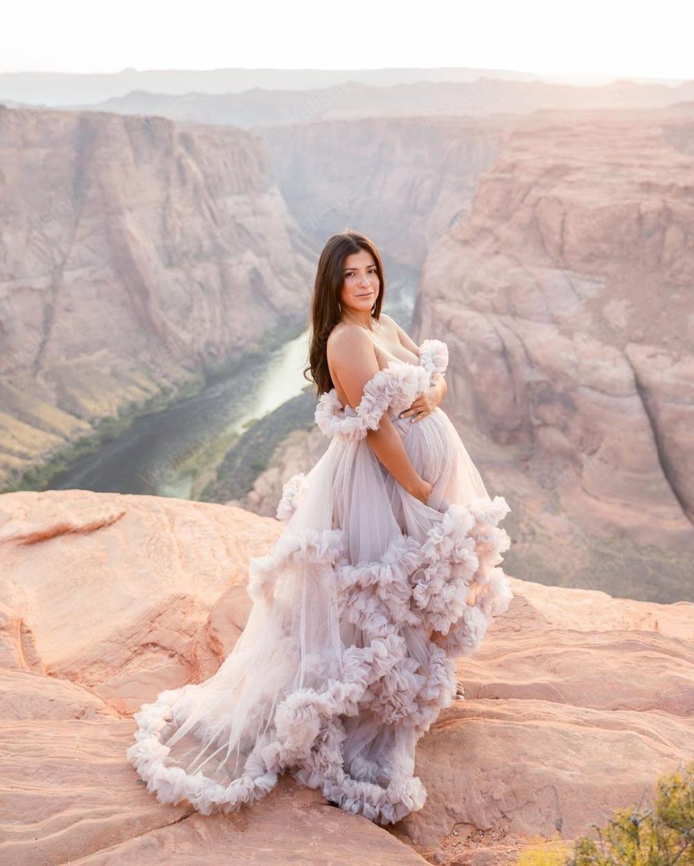 2023 Prom Dresses Ruffles Tulle Kimono Women Robe for Photoshoot Off Shoulder Evening Gowns African Cape Cloak Maternity Dress Photography Tiered Floo