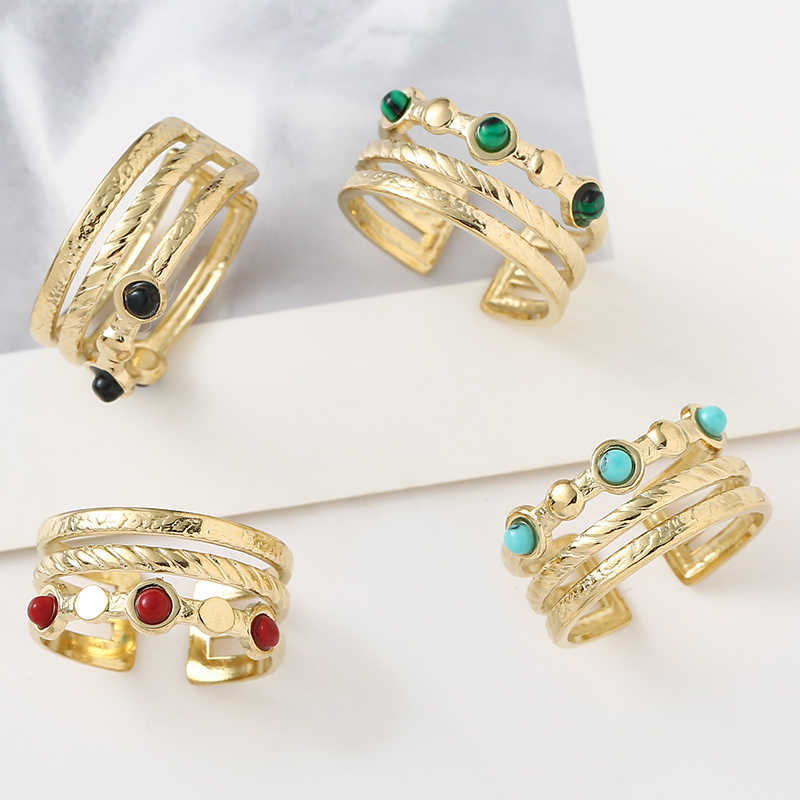 Band Rings Bohemian Turquoise Wide Opening Rings Gold Plated Stainless Steel Ring for Woman Hollow Multilayer Inlaid Finger Rings Jewelry G230213