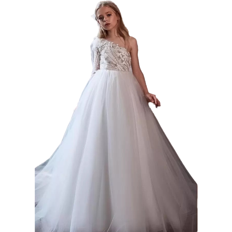 Pretty One Shoulder Flower Girls Dresses A Line White Long Toddler First Communion Gowns Beading Bling Tulle Wedding Party Dress