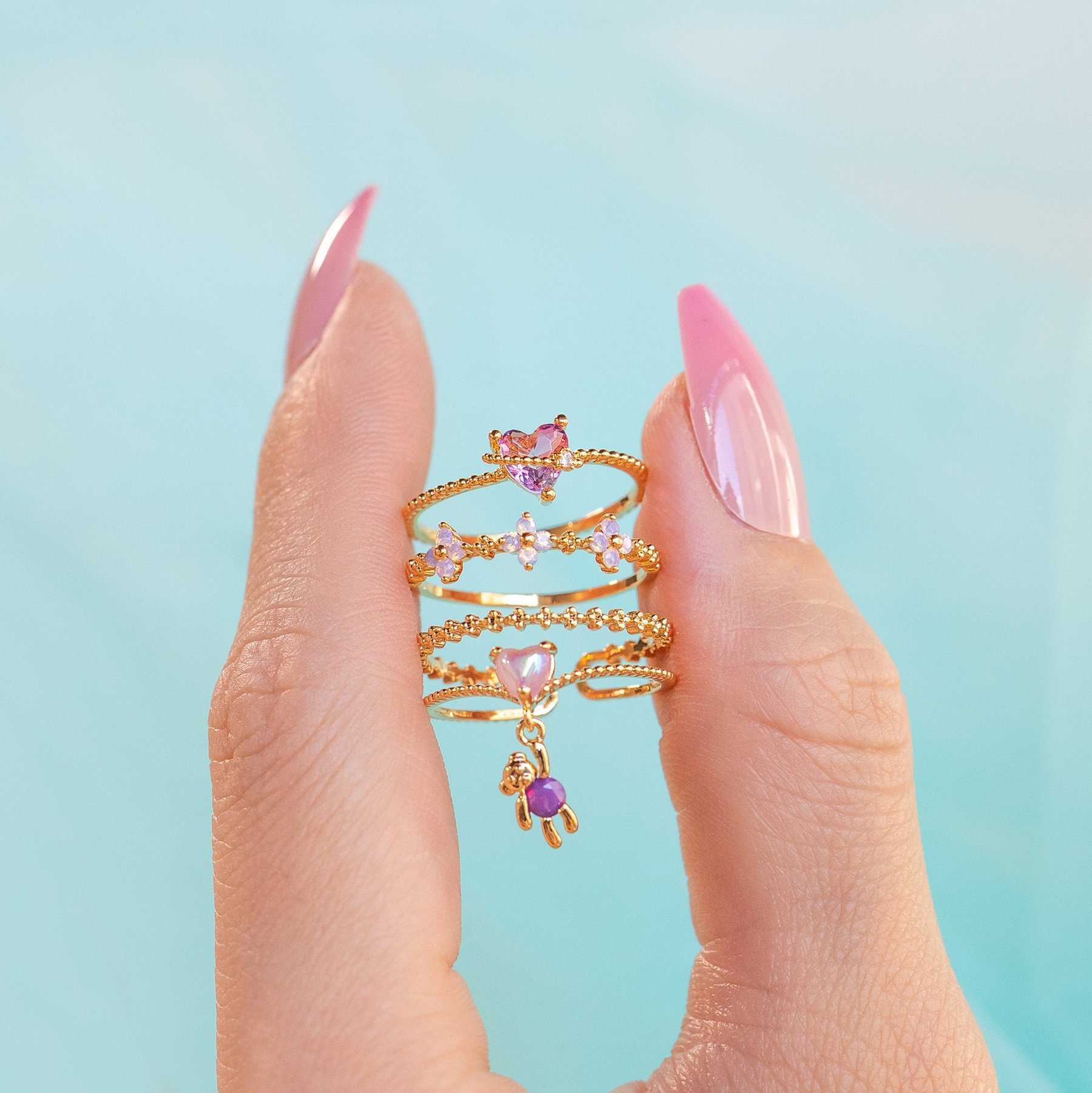 Band Rings New Ins Simple Vintage Color Zircon Love Heart Rings Animal Bear Flower Rings For Women Girls Teens Fashion Aesthetic Jewelry G230213
