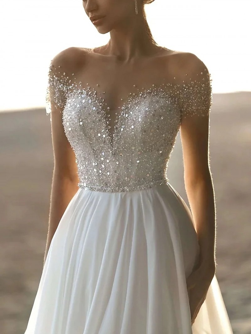 Beach Formal Organza Wedding Dress A-Line Short Sleeve Illusion Neck Crystal Beading Bridal Gown Vestidos De Novia Custom Made Robe De Mariage