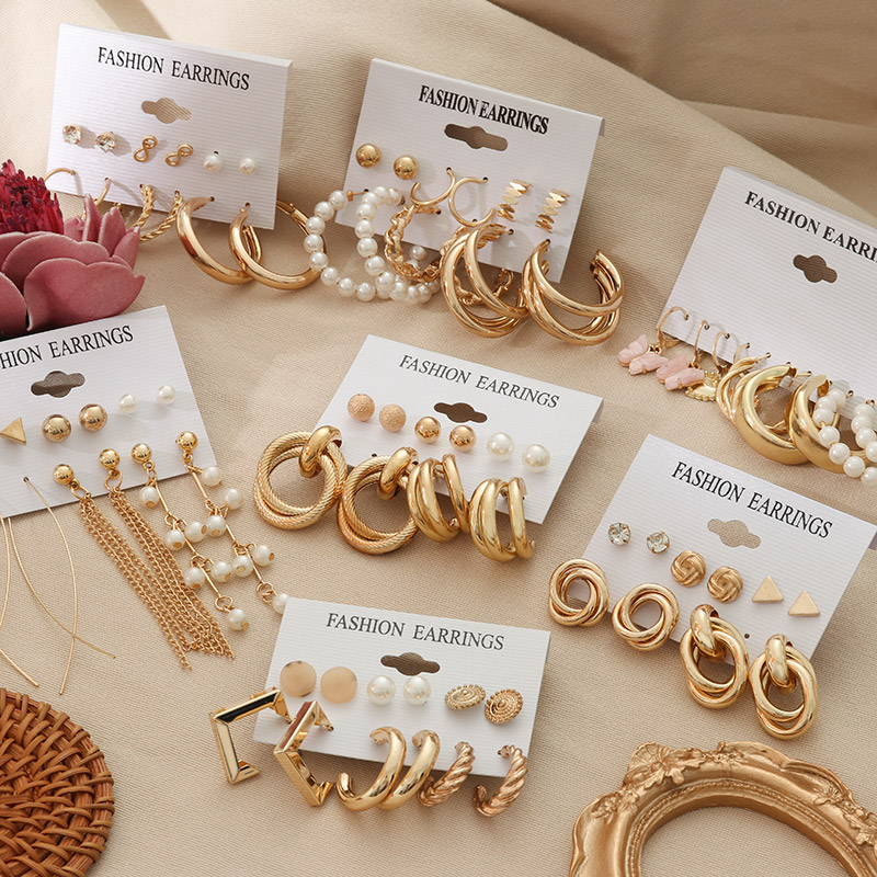 Vintage Geometric Women's Earrings Set Acrylic Pearl Hoop Earring For Women Fashion Big Circle Gold Metal Round Ear Ring Jewe