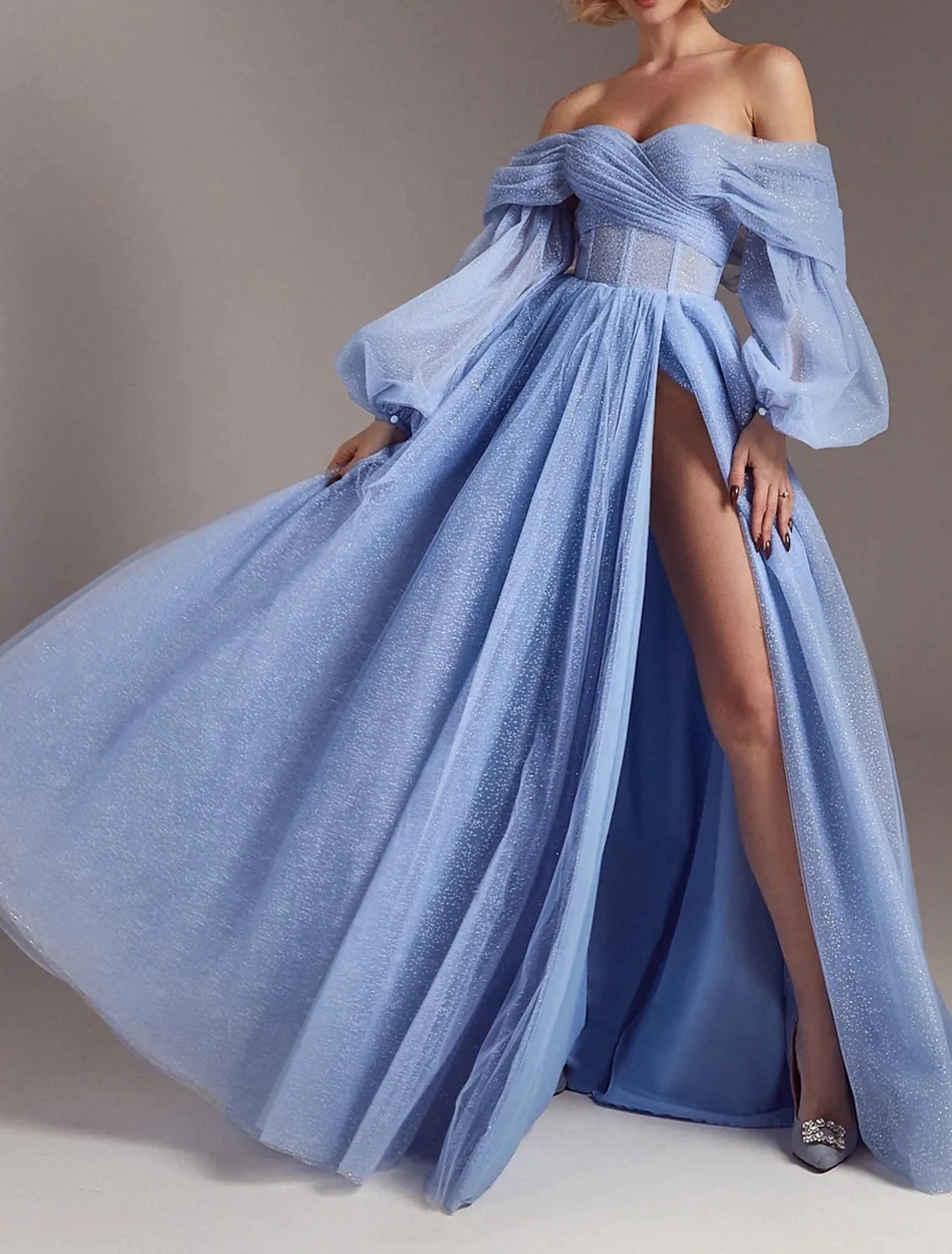Pink A-line Prom Dresses 2023 Long Sleeve Off Shoulder Tulle Sequines Slit Evening Formal Gown Vestidos De Fieast Robe De Soiree