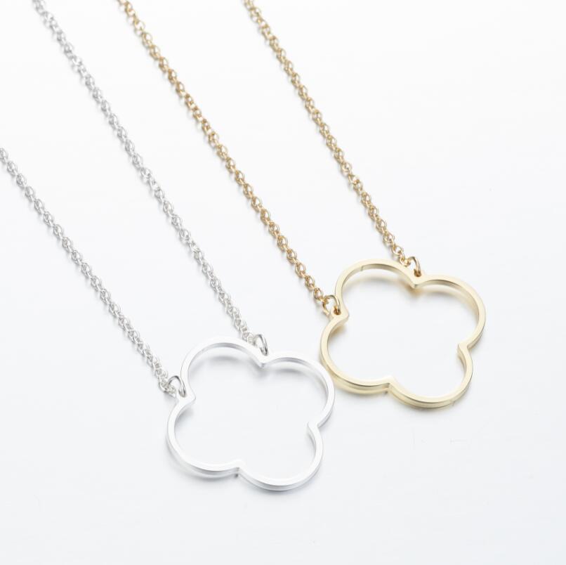Flower Four 4 Leaf Clover Pendant Necklace Stainless Steel Fashion Lucky Hollow Outline Pendant Chain Choker Collier Women Jewelry