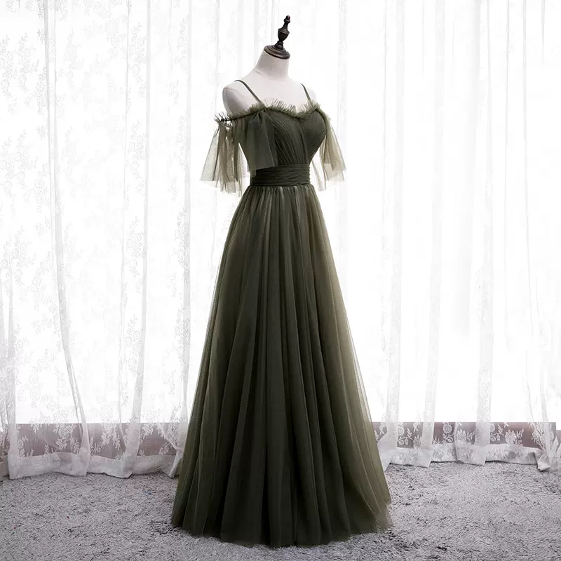 Evening Dress Spaghetti Straps Olive Tulle Short Sleeves Floor Length Custom Handmade Bridesmaid Formal Evening Dress Womens Prom Party Dresses