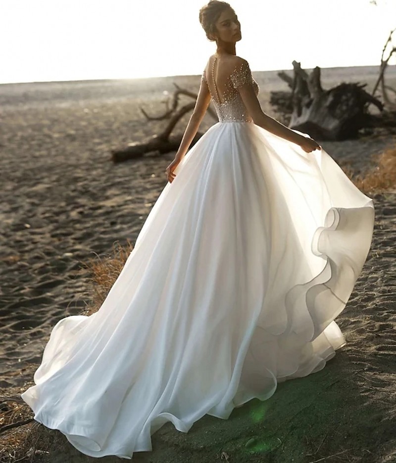 Beach Formal Organza Wedding Dress A-Line Short Sleeve Illusion Neck Crystal Beading Bridal Gown Vestidos De Novia Custom Made Robe De Mariage