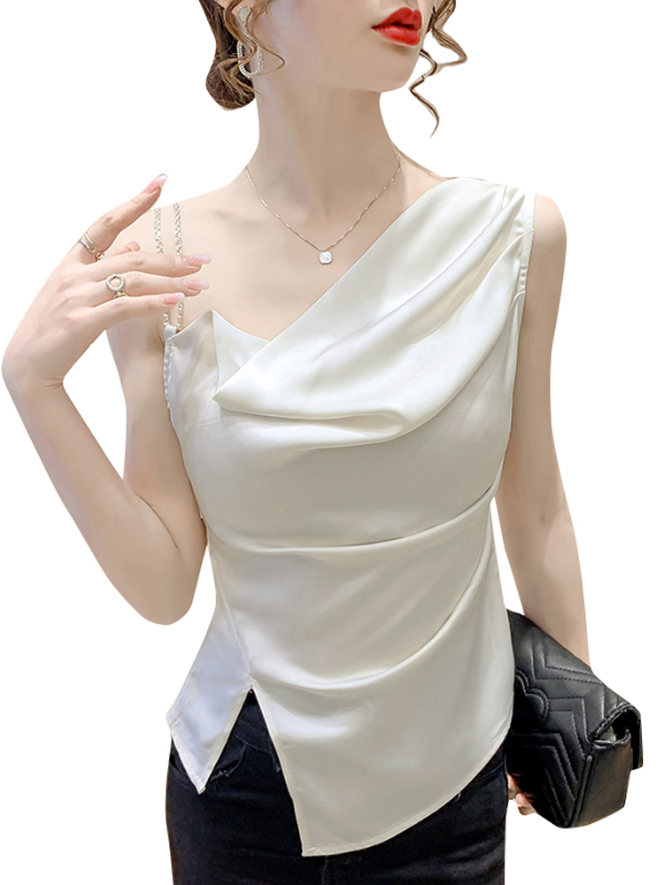 Womens sleeveless spaghetti strap satin fabric asymmetric tanks camis SMLXLXXL