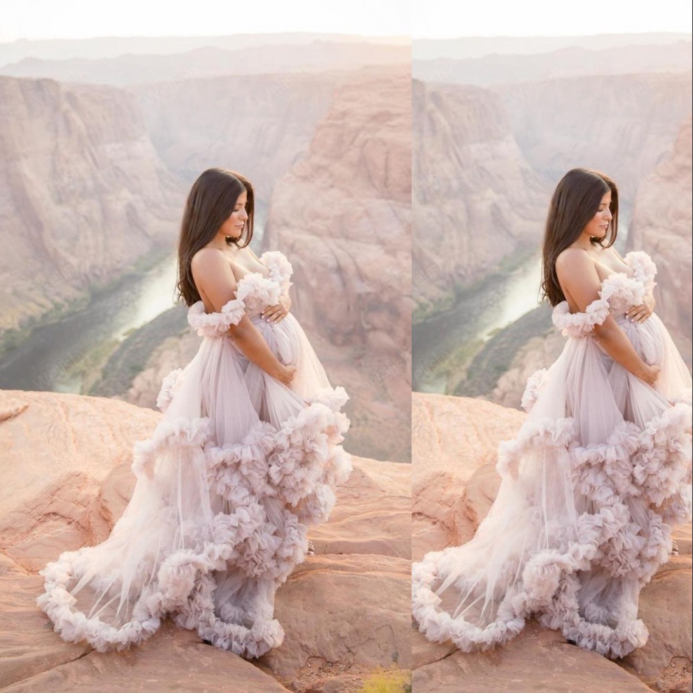 2023 Prom Dresses Ruffles Tulle Kimono Women Robe for Photoshoot Off Shoulder Evening Gowns African Cape Cloak Maternity Dress Photography Tiered Floo