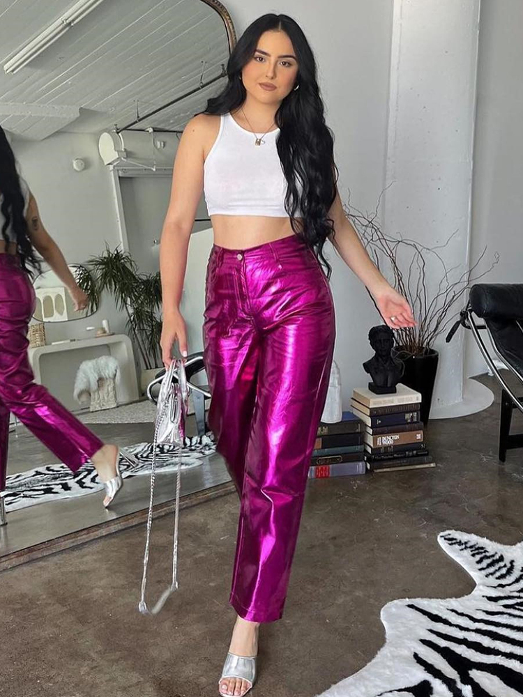 Women s Pants s Sifreyr Metallic PU Leather Straight Women Sparkling High Waist Loose Trousers 2023 Fashion Streetwear Y2K Clothes Bottom 230213