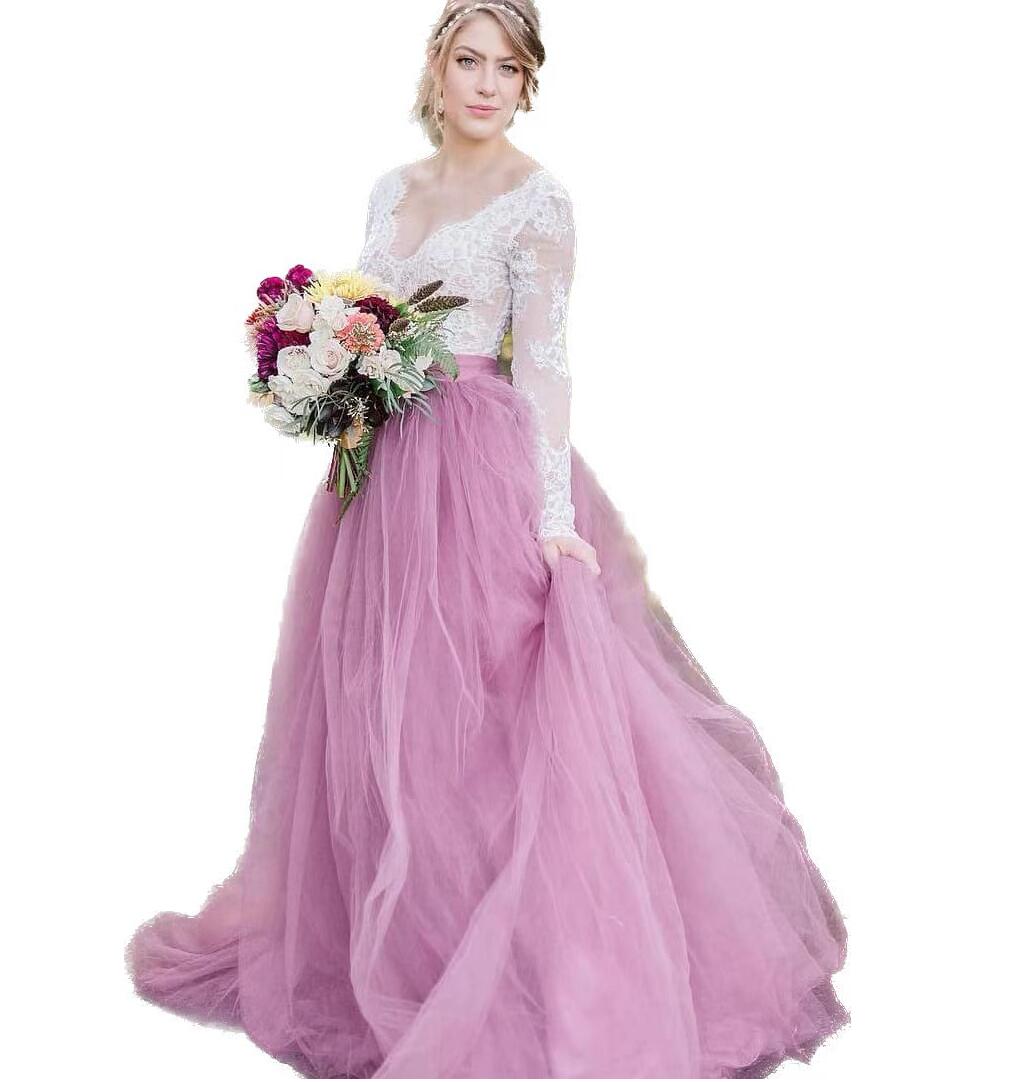 2023 Blush Pink Country Bohemain Wedding Dresses Sheer Lace Long Sleeve Backless Layers Tulle Skirt Summer Garden Beach Bridal Gowns Boho Robes BC1515