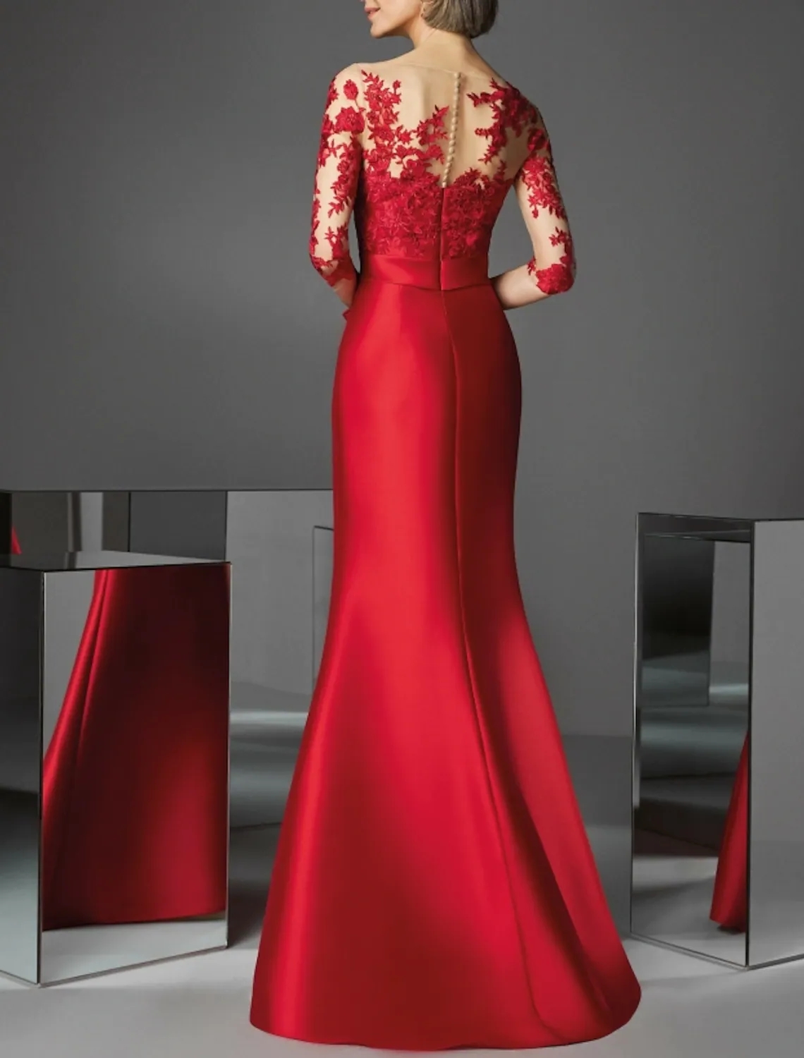 Red Mermaid Evening Dress Half Sleeve Illusion Neck Satin Lace Appliques Prom Formal Gowns Elegant Robes De Soiree Vestidos De Fieast 2023