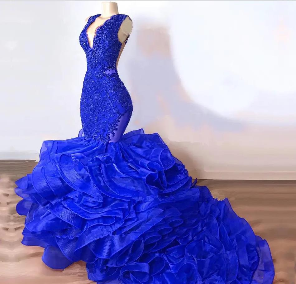 Gorgeous Mermaid Evening Dresses 2023 Red V Neck Bottom Ruffles Lace Royal Blue Prom Dress For Black Girls Elegant Formal Gowns Women African Vestidos