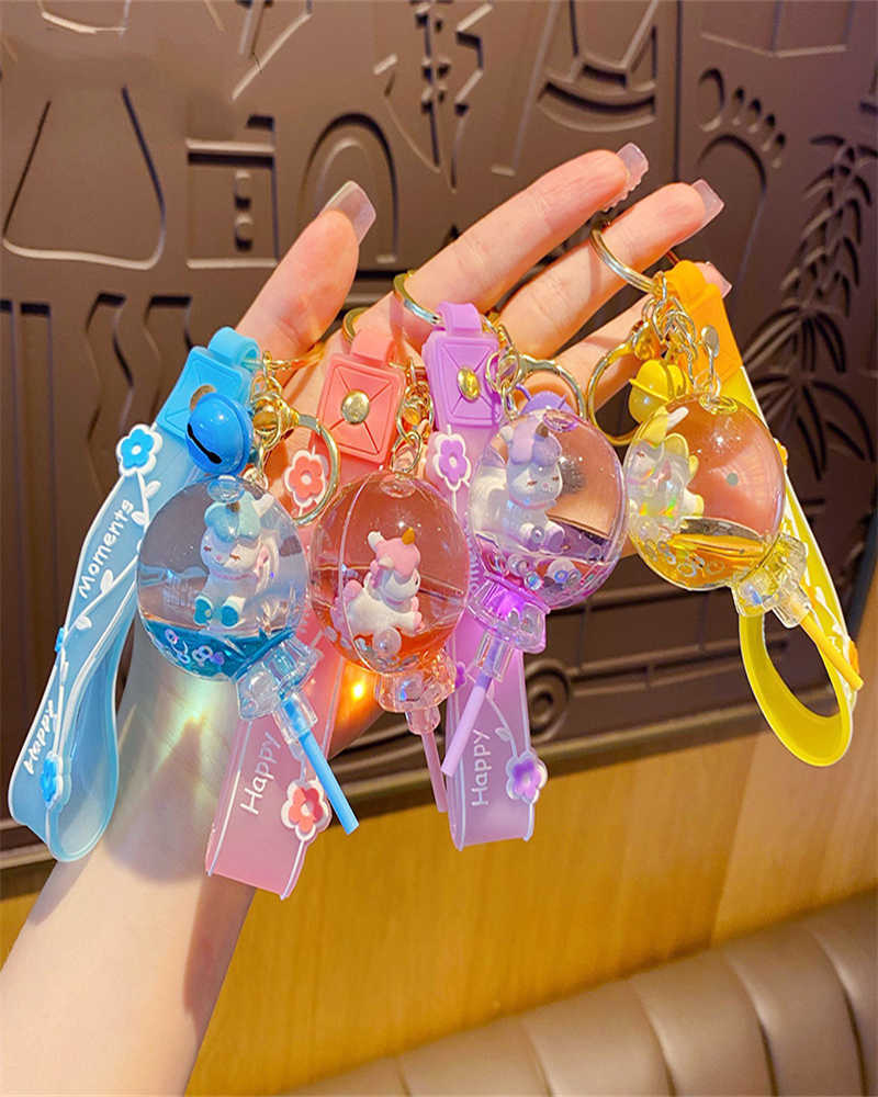 Key Rings Lollipop Unicorn Floating Liquid Keychain Keys Creative Flower Lollipop Unicorn Keychain Cartoon Oily G230210