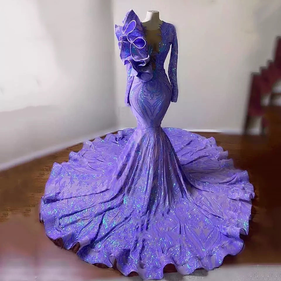 Elegant Mermaid Sequin Evening Dress 2023 Long Sleeve African Prom Dresses For Black Girls Yellow Graduation Dance Party Gowns Dinner Women Vestidos D