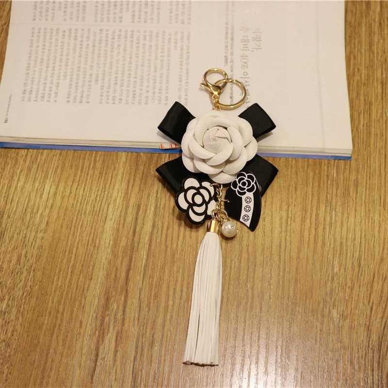 Key Rings Korean Version Of PU Leather Tassel Keychain Camellia Bag Pendant Car Key Ring Mobile Phone Shell Decoration G230210