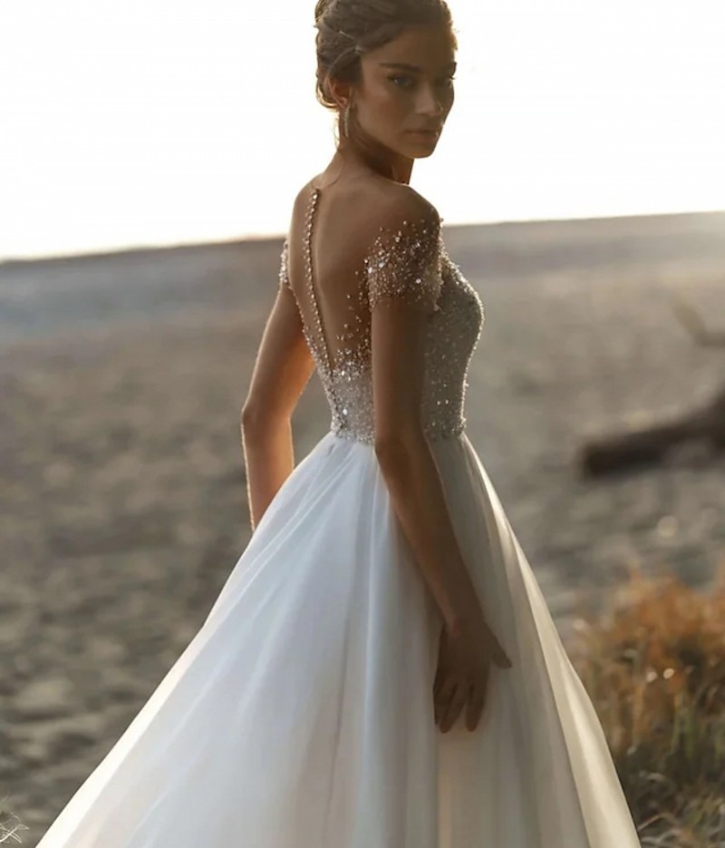 Beach Formal Organza Wedding Dress A-Line Short Sleeve Illusion Neck Crystal Beading Bridal Gown Vestidos De Novia Custom Made Robe De Mariage
