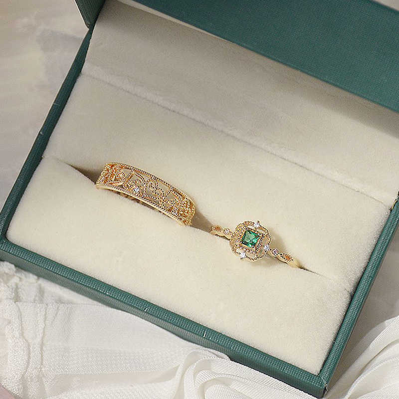Band Rings Korean Heart Pattern Lace Ring for Women Crystal Green Gem Bling Zircon Femme Ring Wedding Bridal Jewelry Pendant Accessories G230213