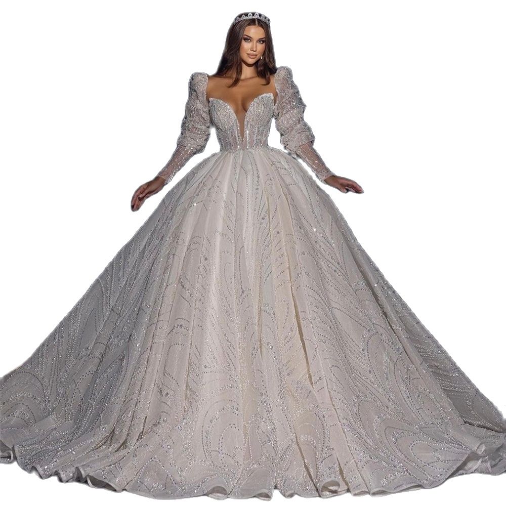 Dubai Sparkly Ball Gown Wedding Dresses Scoop Neck Long Sleeve Lace Appliques Wedding Bridal Dress
