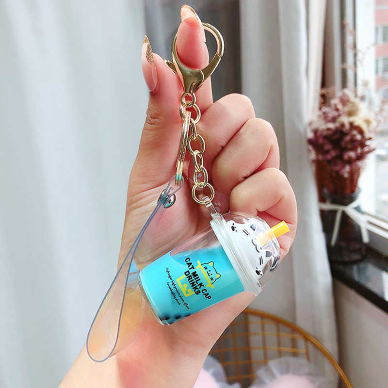 Key Rings Cartoon Cute Cat Keychain Milk Tea Cup Liquid Quicksand Sequin Key Ring Charm Bag Car Pendant Key Chain for Women Men Kids G230210