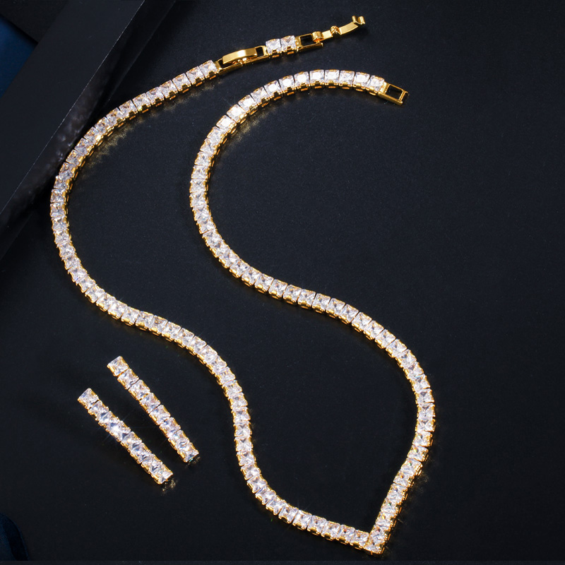 Wedding Jewelry Sets CWWZircons Very Shiny Cubic Zirconia Pave Yellow Gold Color Women Party Choker Necklace and Earring Brides Jewelry Set T421 23021