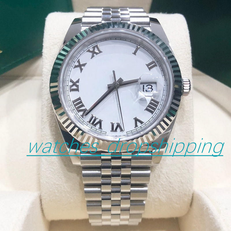 Classic Mens Watch 41mm White Roman Dial Asia Movement Automatic Mechanical Watches Full Stainless Steel Waterproof Mans Designer Wristwatches