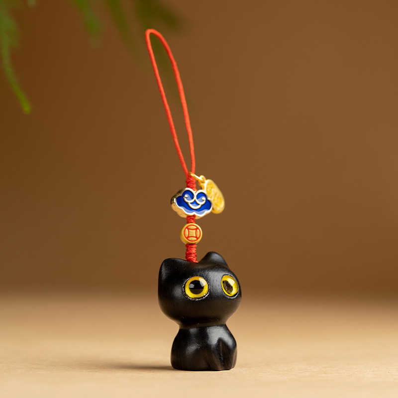 Key Rings New Sandalwood Wooden Cat Keychain Anime Cute Mobile Phone Chain Wooden Pendant Personality Creative Accessories Hand-knitted G230210
