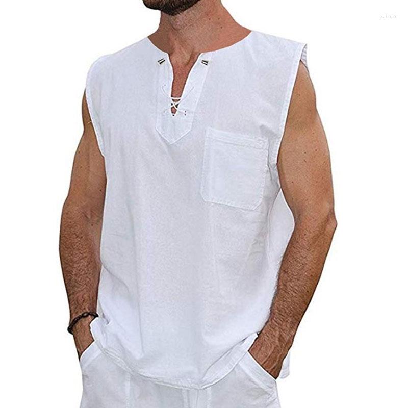 Men039s Tank Tops Male Summer Mens Cotton Linen T Shirt Sleeveless Henley Casual Loose Tee Breathable Soft Tshirts5133100