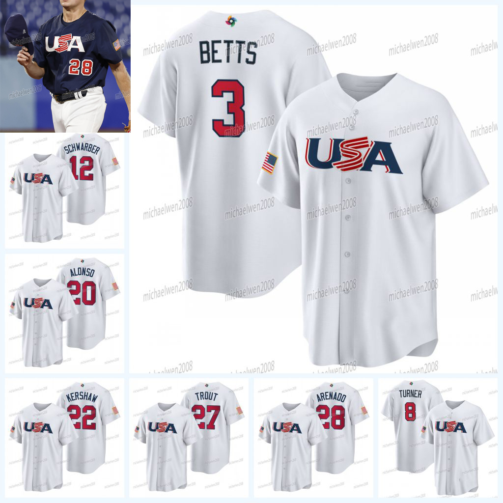 Mookie Betts Team USA 2023 World Baseball Classic Jersey WBC Pete Alonso 8 Trea Turner Mike Trout J. T. Realmuto Kershaw Anderson Arenado Witt Jr. United States, White
Mookie Betts Team USA 2023 World Baseball Classic Jersey WBC Pete Alonso 8 Trea Turner Mike Trout J. T. Realmuto Kershaw Anderson Arenado Witt Jr. United States, White