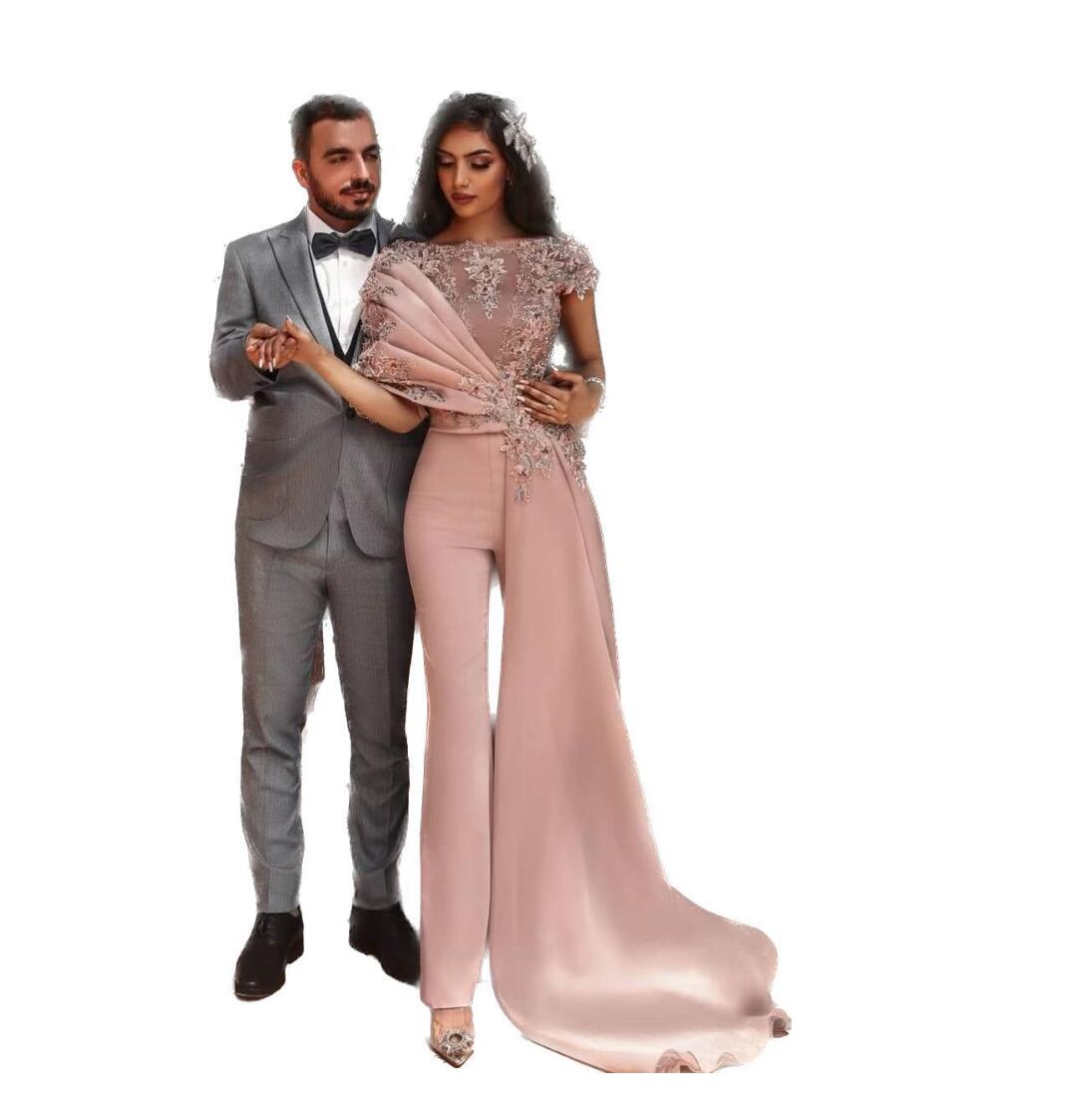 Pale Rose Pink Prom Jumpsuit 2023 with Side Train Lace Floral Beaded Arabic Aso Ebi Stain Occasion Evening Dress with Pant Suit BC15151 GW0213